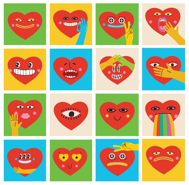 Retro heart set illustration cute cartoon heart vector illustration in flat style