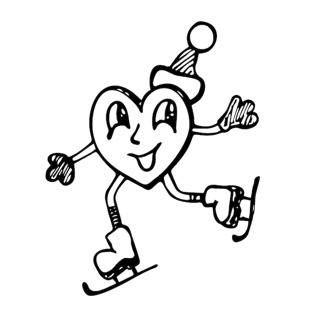 Retro heart in warm hat in gloves skating Vector doodle illustration