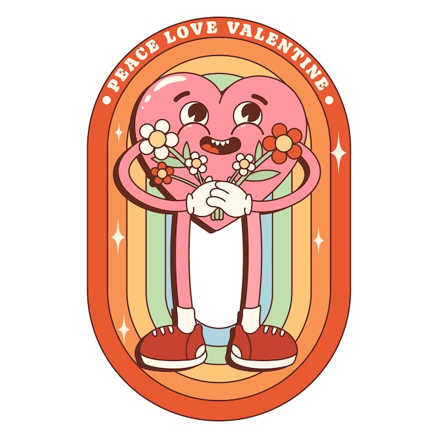 Retro hip cartoon mooie hart sticker, patch. Valentijnsdag. Hart met bloemen. Regenboog.