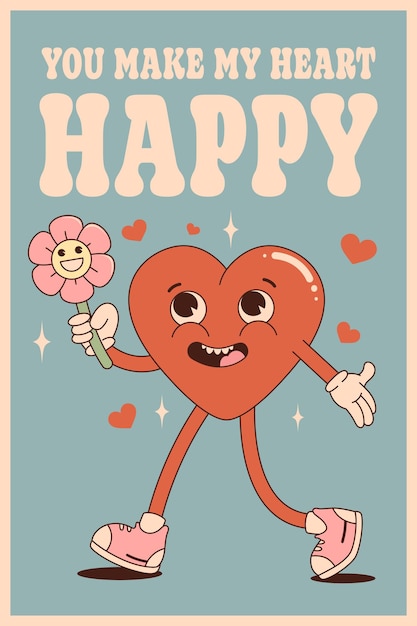 Vector retro hippe poster met hart en bloem. fijne valentijnsdag. je maakt mijn hart blij. trendy jaren 70