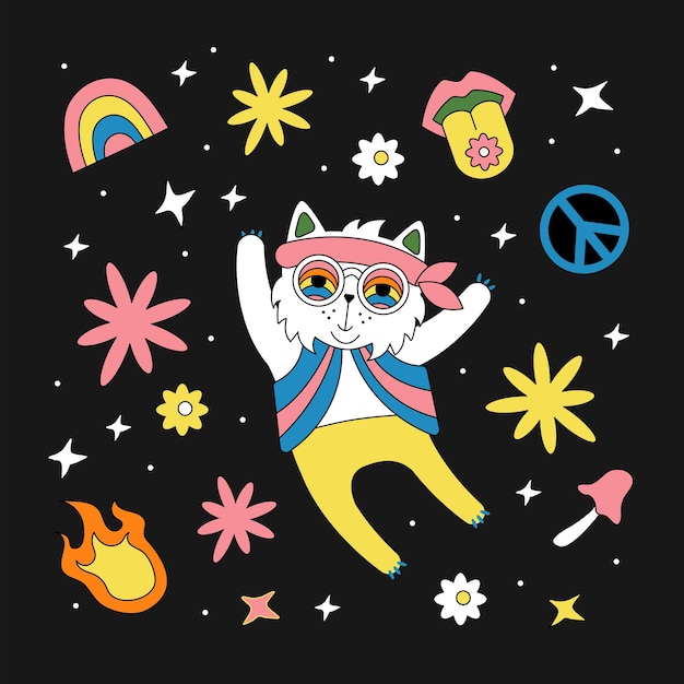 Vector retro hippie cat in the style of the 60s, 70s. psychedelic good vibes. vintage, hallucination, mushr