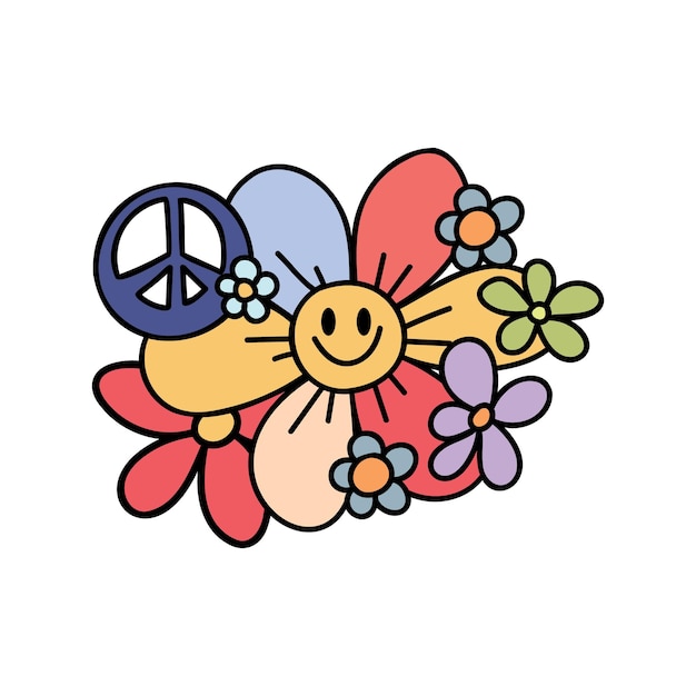Retro hippie flowers hand drawn A symbol of peace Nice nostalgic vintage Doodle style Line art design element Vector colorful illustration isolated on white background