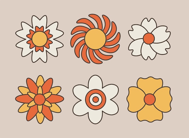 Vector retro hippie flowers set