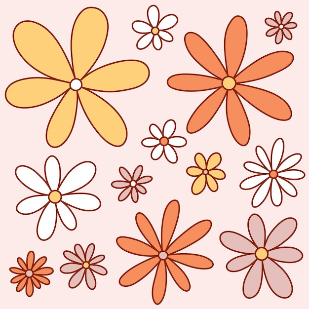 Ретро хиппи заводные ромашки Векторная иллюстрация 1970 флюиды Бохо цветок Цветочная сила флюиды фон