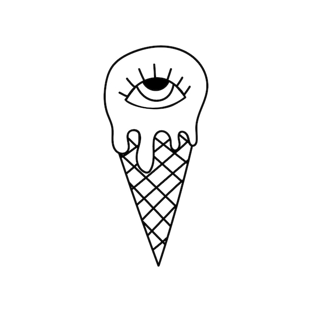 Вектор Мороженое в стиле ретро хиппи, нарисованное вручную хороший ностальгический винтажный стиль doodle line art design element векторная черно-белая иллюстрация на белом фоне creep food