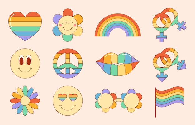 Retro hippie LGBT elements collection for pride month Gay and lesbian groovy symbols