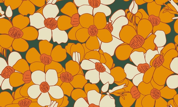 Retro hippie stijl naadloze bloemmotief. Funky dreigende bloemen in gele en oranje kleurenprint