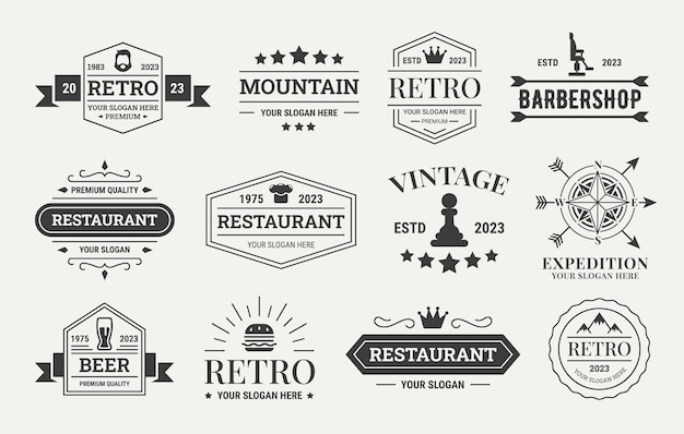 Retro hipster logo Ontwerp label elementen Zegel en oud embleem Typografie tekst in logo Flourish en lint Barbershop of restaurant iconen Vector vintage decoratie postzegels set