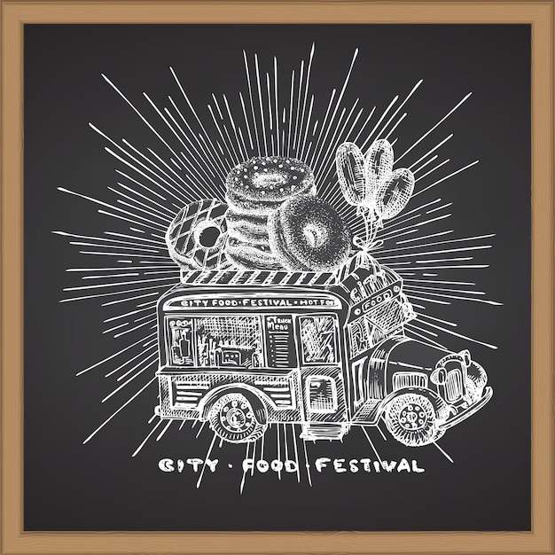 Retro hipster poster with hand drawn food truck in sun light isolated on chalk board background Vintage sketch transport car Good idea for chalkboard design festival flayer web banner menu