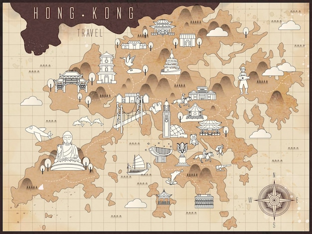 Retro hong kong reiskaart op bruin papier