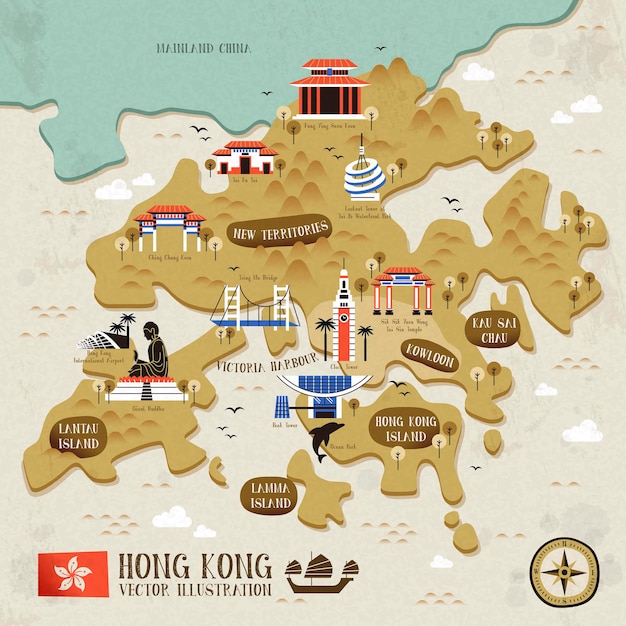 Mappa di viaggio retrò di hong kong in stile design piatto