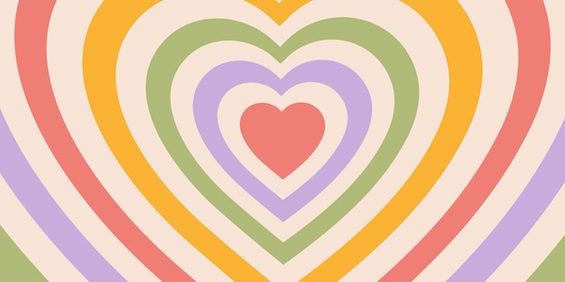 Retro horizontal background of heart shaped tunnel. rainbow romantic pattern in style 60s, 70s