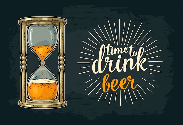 Vector retro hourglass with beer. vector vintage engraving