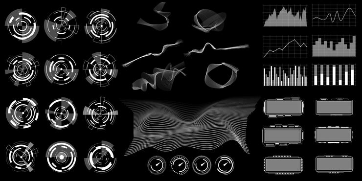 Vector 레트로 후드 프레임 디지털 미래 ui 게임 디지털 형태 3d 미래 사이버 크 sf 인포그래픽 미니멀 테크노 추상 홀로그램 박스 웨이브 및 차트 터 디자인 대시보드 인터페이스