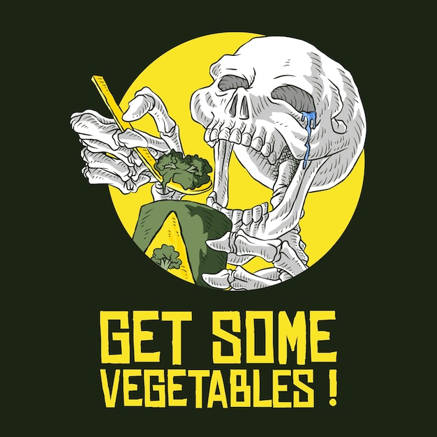 Retro illustratie van een skelet dat broccoli eet