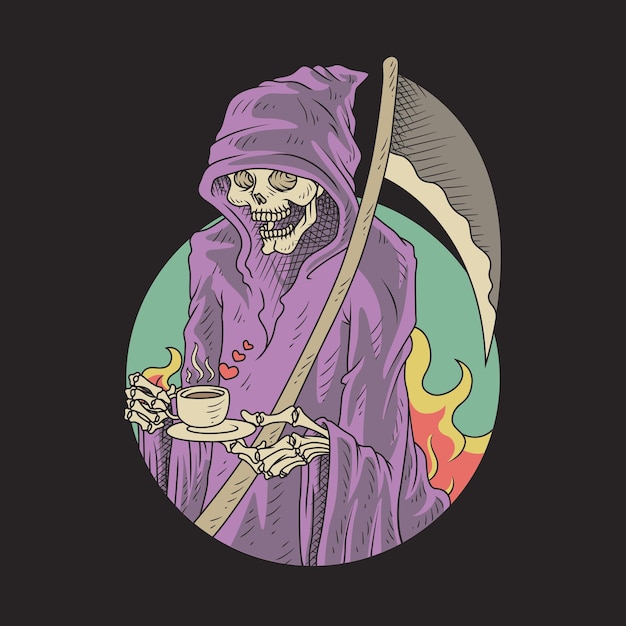 Illustrazione retrò di cartone animato grim reaper che tiene una tazza di caffè