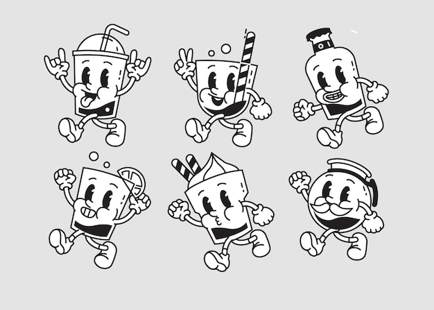 RETRO ILLUSTRATION OF DRINK CHARACTERS OUTLUINE ART