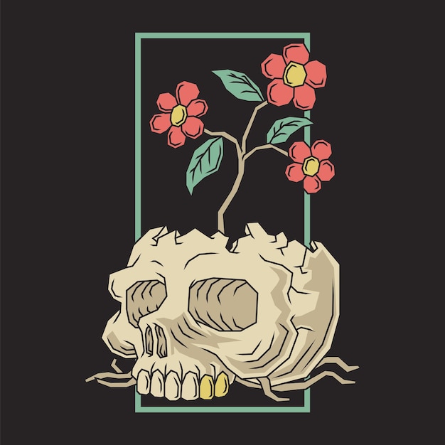 Retro illustration of flower emerging from skull head