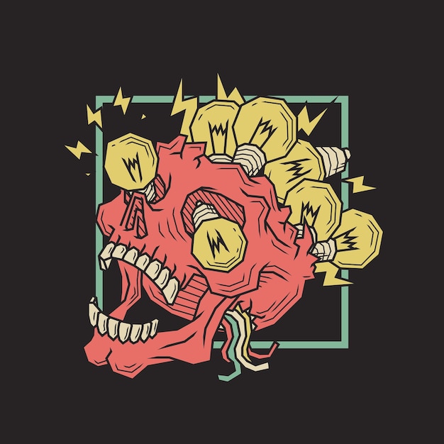 Retro illustration of light bulbs inside skull