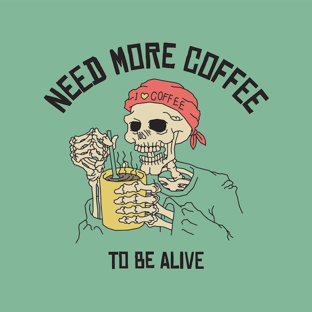 Vector retro illustration of skeleton stirring coffee