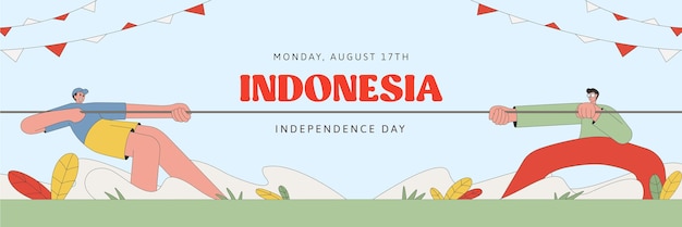 Vector retro indonesian independence poster with tug of war illustration horizontal banner