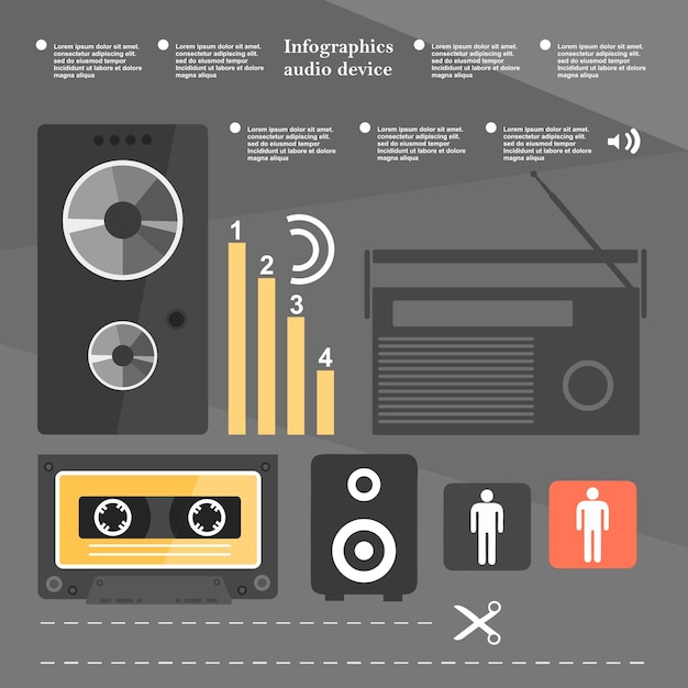 벡터 평면 디자인의 레트로 infographic 오디오 장치 음악 카세트 음악 스피커 요소