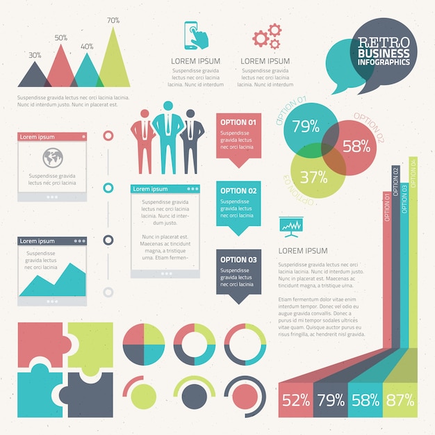 Retro vettore di infographic impostato con sfondo digitalmente grunged