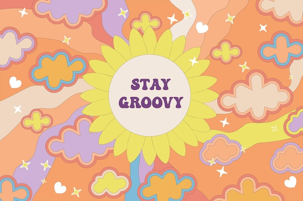 Retro inspirerend verblijf groovy citaat flower sun kleurrijke groovy achtergrond met flower power