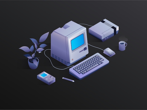 Retro isometric PC with a flower. Vector illustration of vintage video games and coffee