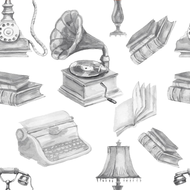 Retro items phone typewriter records hand drawn watercolor