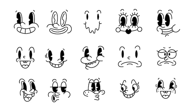 Retro jaren '30 cartoon en stripfiguren gezichten Traditionele mascotte emoties vector-elementen Vintage karakters schepper voor trending illustratie