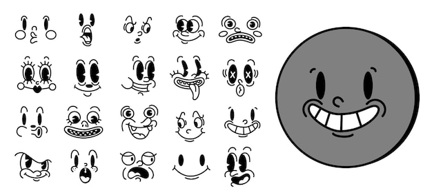 Retro jaren '30 cartoon en stripfiguren gezichten traditionele mascotte emoties vector-elementen vintage karakters schepper voor trending illustratie