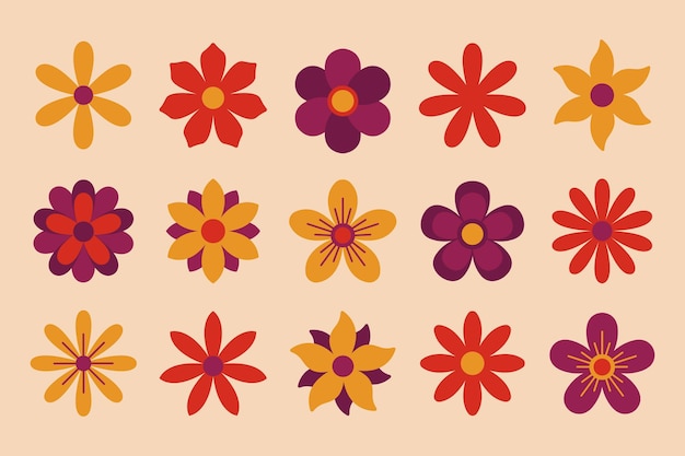 Retro jaren 70 kleurrijke vintage bloemen Geometrische hippie bloemencollectie