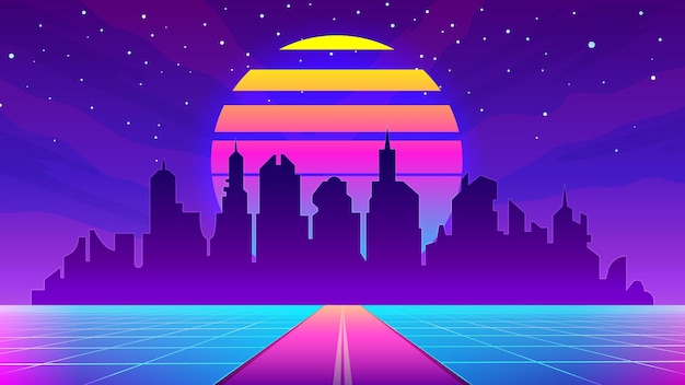 Retro jaren '80 futuristisch stadslandschap met zonsondergang, raster en snelweg. Virtual reality stadsgezicht in neonkleur. Cyber toekomstige stedelijke vectorscène