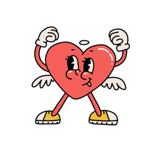 Retro karakter van het winnaarhart met de mascotte van de vleugelshippie groovy glimlach met handen omhoog valentijnskaart dag c
