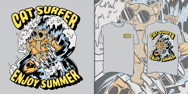 retro kat surfen illustratie voor t-shirt