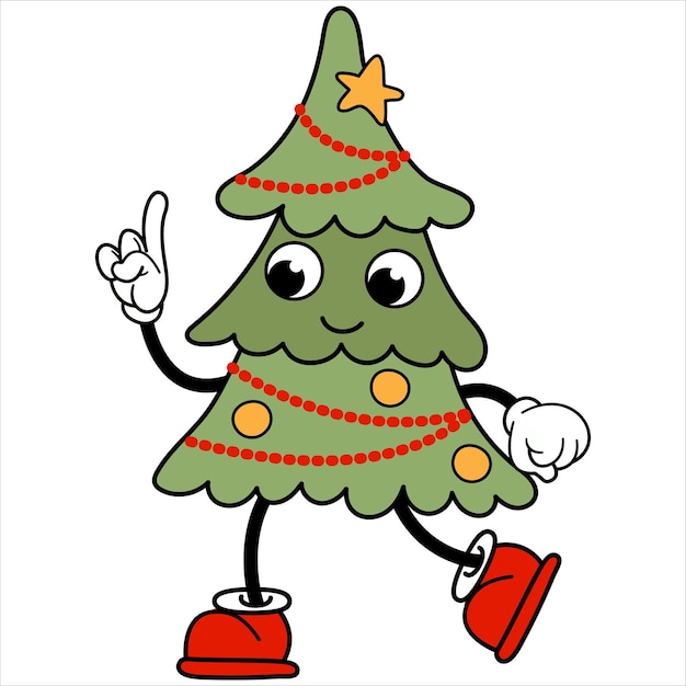 Vector retro kerstboom kawaii leuke kerstboom met een gezicht armen en benen