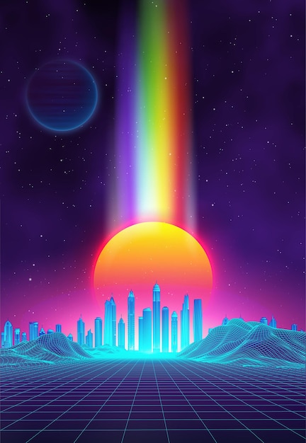 Vettore paesaggio retrò sfondo tramonto 3d paesaggio con luce arcobaleno paesaggio futuristico stile anni '80