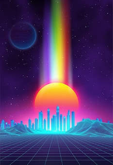 Retro landscape background sunset 3d landscape with rainbow light Futuristic landscape 1980s style