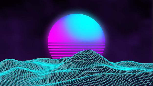 Vector retro landscape blue 3d vector background. futuristic technology mountain landscape. digital city neon 80s technology music background. eps 10.