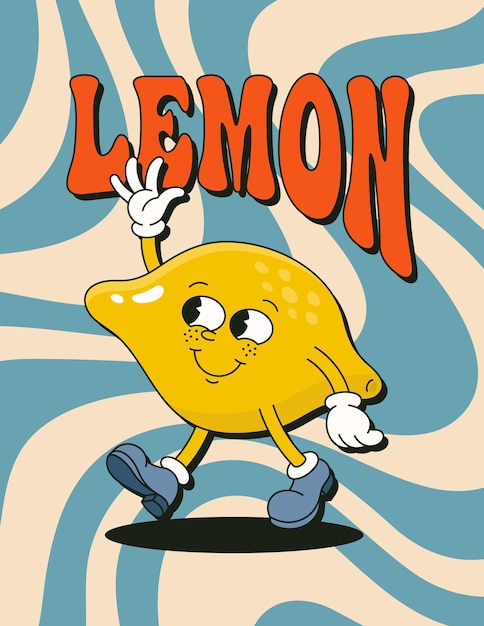 Retro lemon cartoon character poster vector funny comic illustration in trendy groovy style