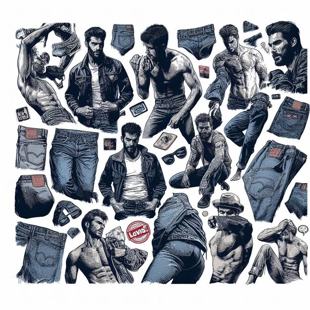 Vettore retro levis 501 jeans model guy girl woman vector digital art illustration wallpaper sfondio