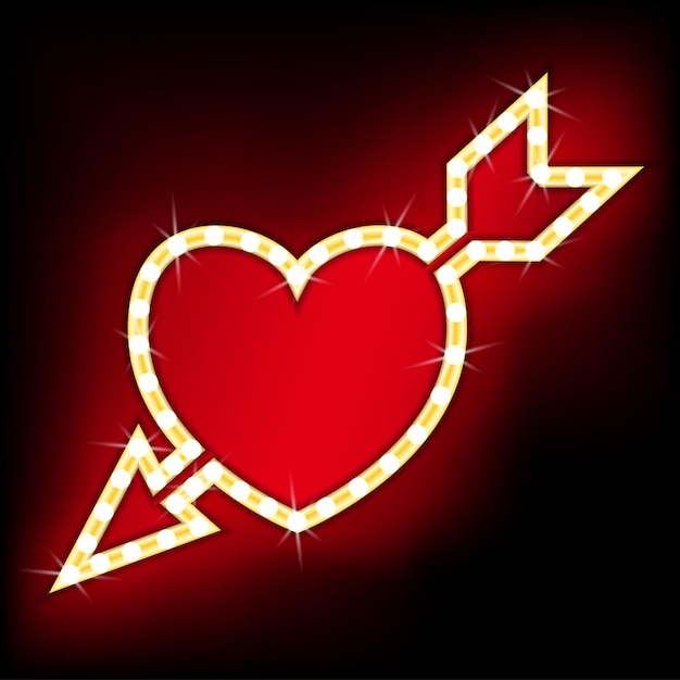 Retro light banner in the shape of a heart pierced by an arrow red color with gold stroke and shining lamps vector