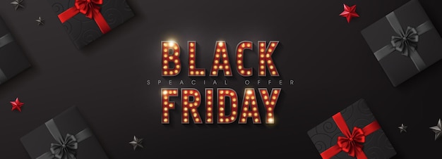 Retro light bulbs sign black friday sale banner design template