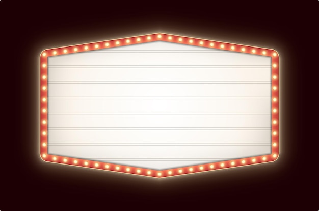 暗い背景に分離された電球とレトロなライトボックスヴィンテージ六角形劇場看板