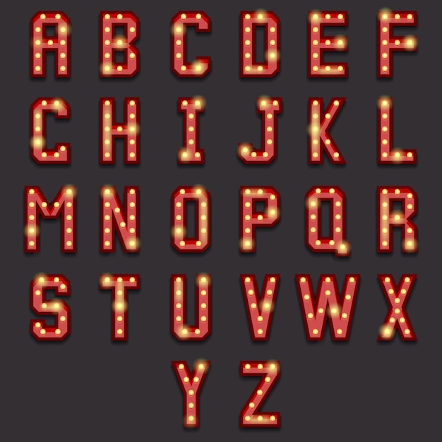 Vector retro lightbulb alphabet. vintage letter, lamp bright, lightbulb typography, abc glowing