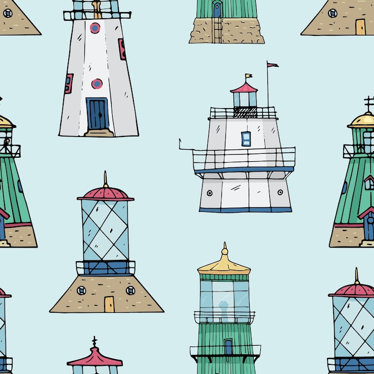 Vector retro lighthouses colored doodle vector seamless pattern