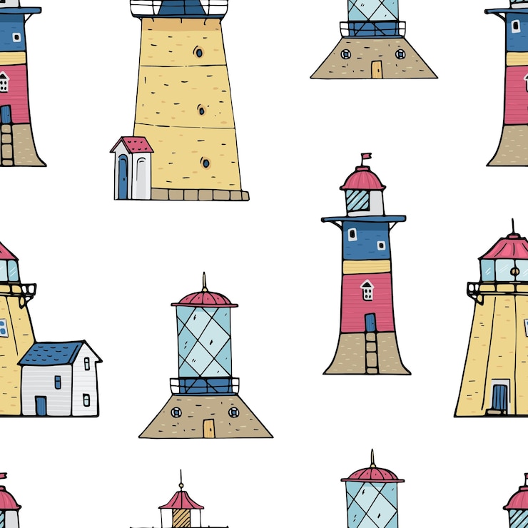 Vector retro lighthouses colored doodle vector seamless pattern