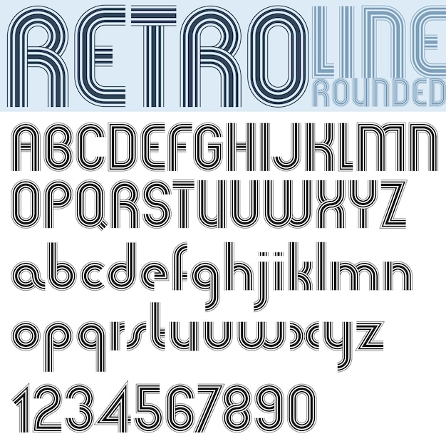 Retro lijn strepen effect lettertype, patroon oude stijl alfabet. Het beste voor gebruik als koppen in reclame voor stijlvolle retro grafische ontwerpen. Vector.