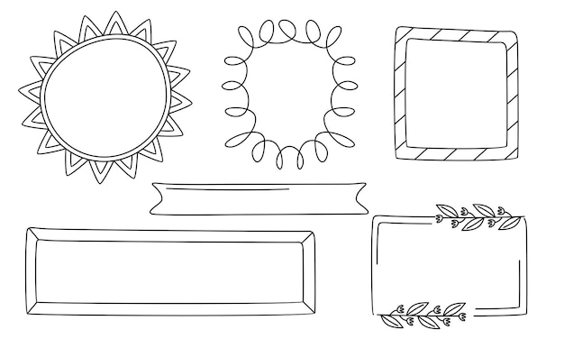 Vector retro lijntekening frames, linten, bloemen, decoraties en planten